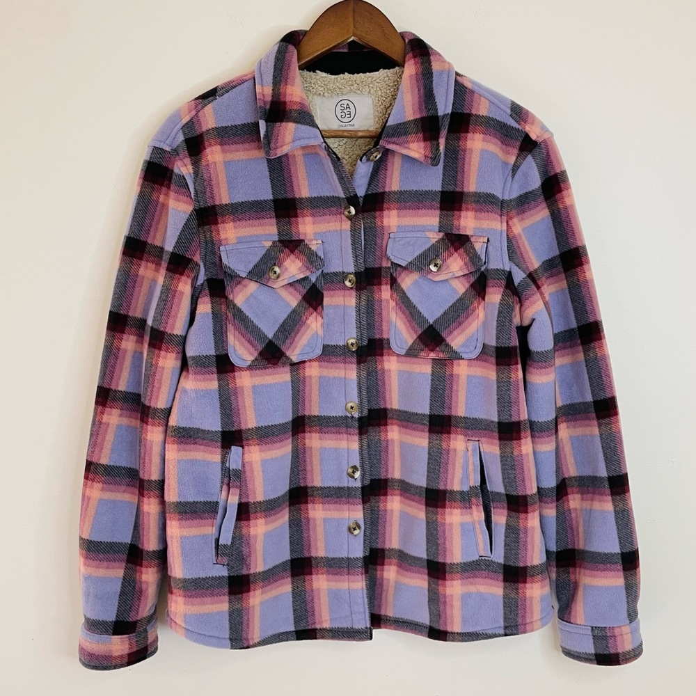 Sage Collective Plaid Sherpa Lined Shacket Purple Lavender M